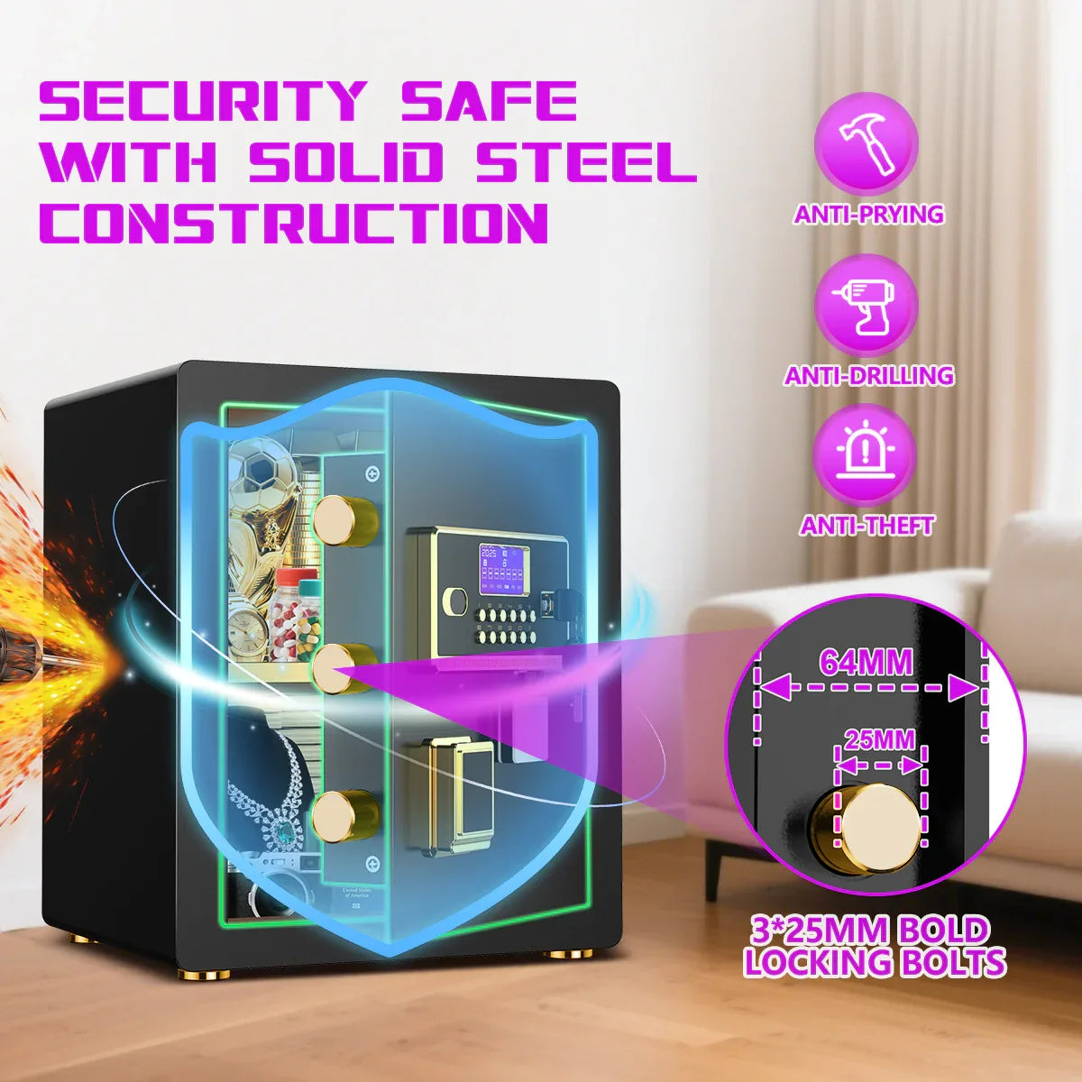 TNTANTS 3.3 Home digital Safe Box, with Double Security Alarm System, Combination Lock,Adjustable Shelf, for Office Hotel fireproof document bag - TNTANTS