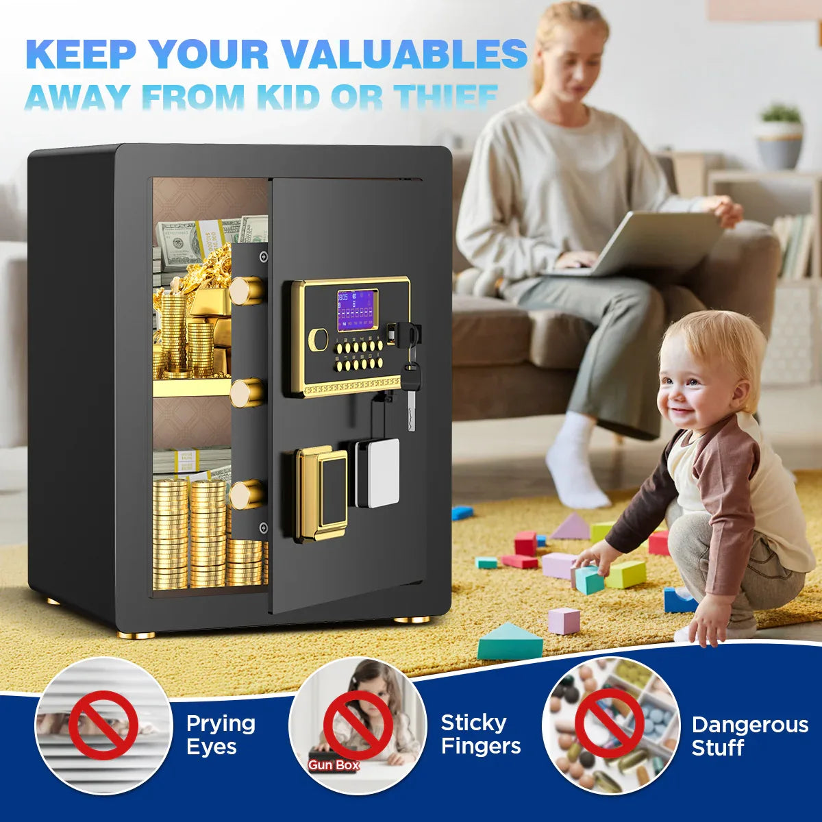 TNTANTS 3.8 Large Safe Box, Digital Keypad, Digital Board, Home Security Safe With A-Level Fireproof Waterproof Bag & Alarm System Electronic Lock Heavy Duty Adjustable Shelf - TNTANTS