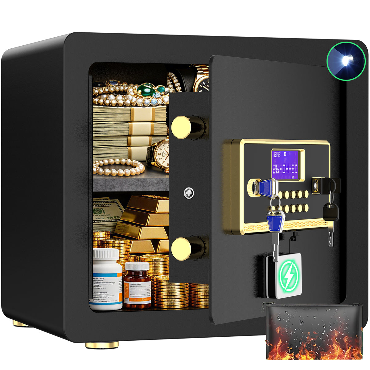 A black digital electronic safe with gold-tone handles and keypad, shown open with stacks of cash, gold bars, jewelry, and bottles inside. A small fire icon appears in the bottom right corner.