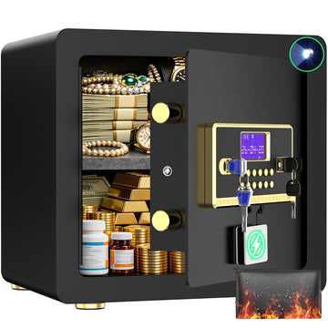 A black digital electronic safe with gold-tone handles and keypad, shown open with stacks of cash, gold bars, jewelry, and bottles inside. A small fire icon appears in the bottom right corner.