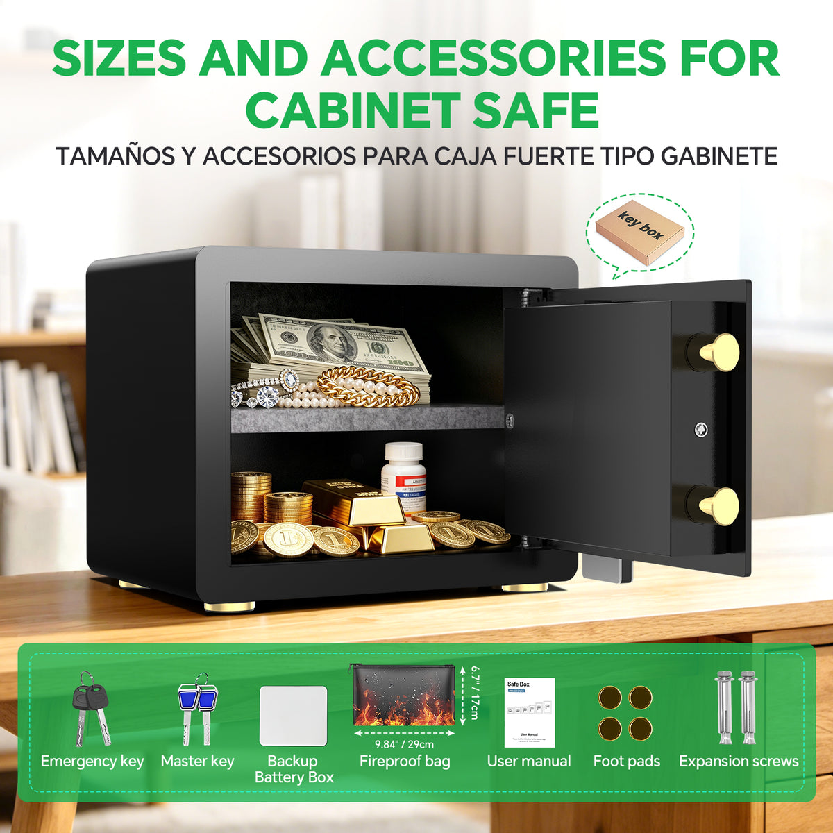 A black cabinet safe shown open on a wooden table, with cash, gold coins, and jewelry inside. Large Spanish text at the top reads 'SIZES AND ACCESSORIES FOR CABINET SAFE,' and a green bottom banner lists included accessories such as emergency key, master key, backup battery box, fireproof bag, user manual, foot pads, and expansion screws.