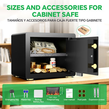 A black cabinet safe shown open on a wooden table, with cash, gold coins, and jewelry inside. Large Spanish text at the top reads 'SIZES AND ACCESSORIES FOR CABINET SAFE,' and a green bottom banner lists included accessories such as emergency key, master key, backup battery box, fireproof bag, user manual, foot pads, and expansion screws.