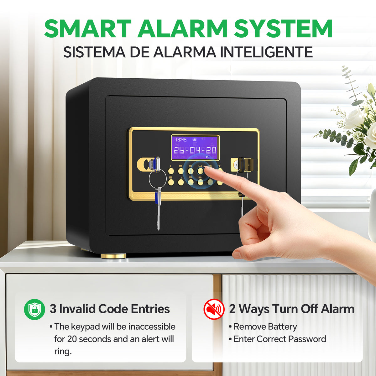 A black smart alarm safe with gold trim and a digital display, shown on a windowsill with a hand pointing at the keypad. Text overlays describe features like 3 invalid code entries and 2 ways to turn off the alarm.