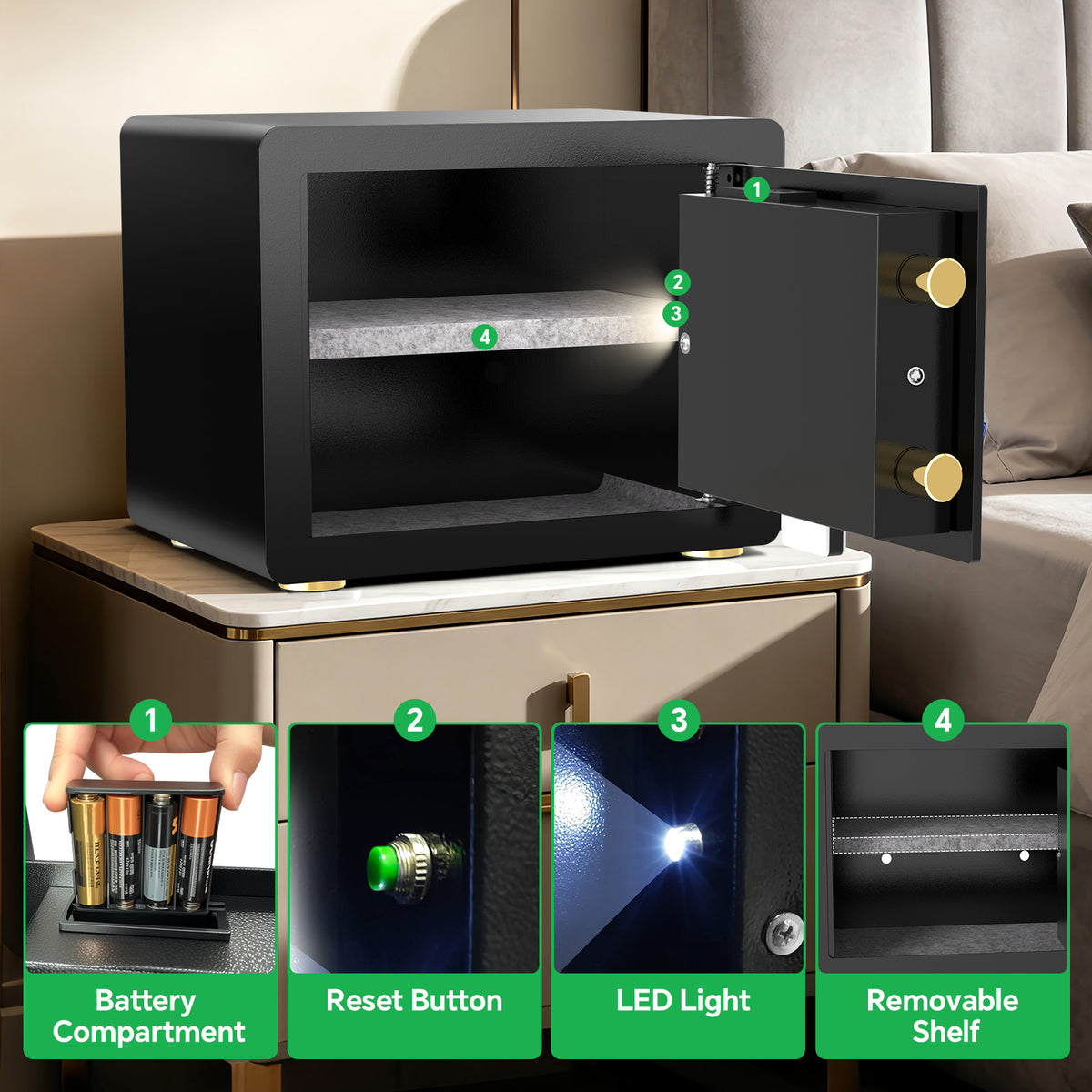 Black electronic safe shown open on a bedside table, with inset detail panels labeling the battery compartment, reset button, LED light, and removable shelf.